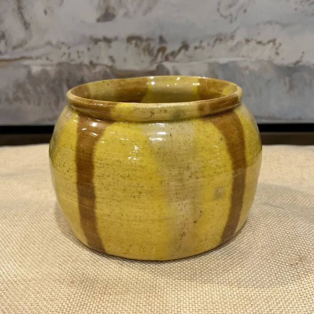 Vintage Hand Made Pottery Bowl Small Pot Brown Yellows Artist Mark Heavy 1978